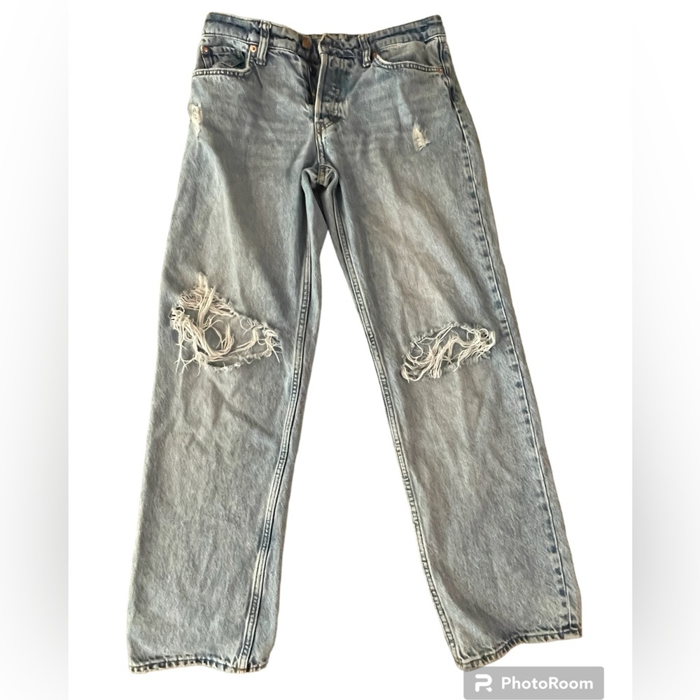 & Denim H&M Womens Size 4 High Waist Ripped Destroyed 90s Boyfriend Blue Jeans